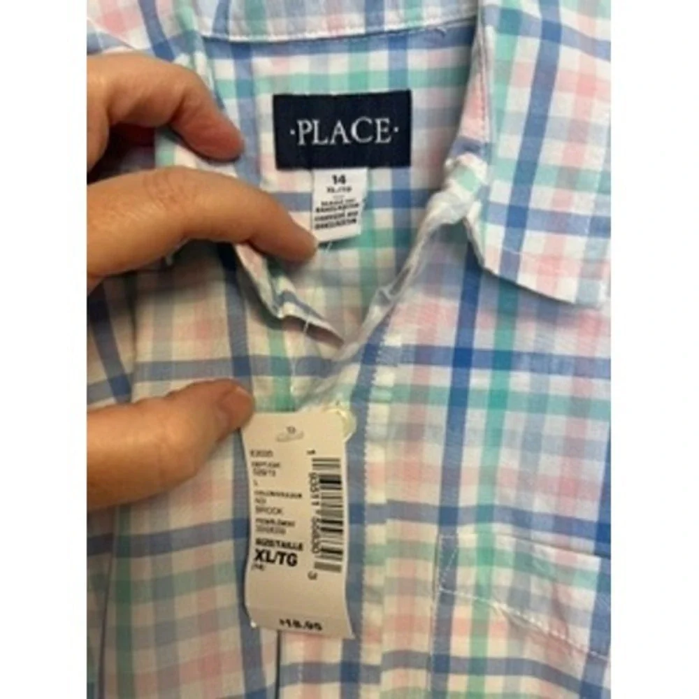 The Children's Place Short‎ Sleeve Rainbow Gingham Poplin Button Up Boys 14